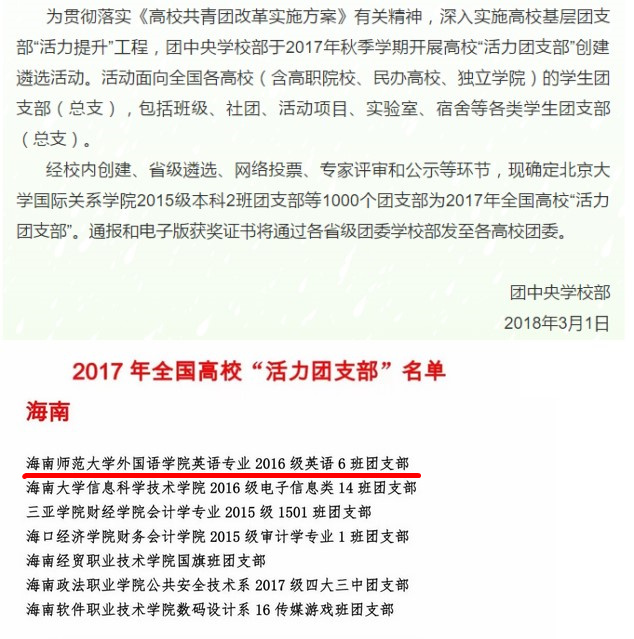 我校2016级英语6班团支部荣获2017年全国高校“活力团支部”称号